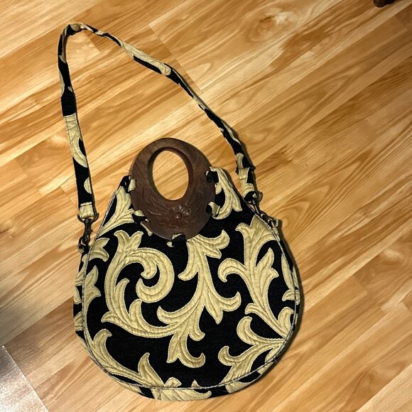 Zara Handbags - ZARA Crossbody Handbag Boho Wooden Handles Embroidered Fabric Black Tan Purses